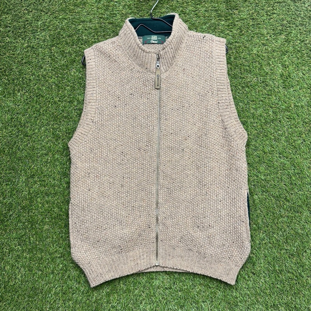 Orvis Wool Knit Sweater Vest Mens Medium Tan Full Zip Sleeveless Wool Chucky
